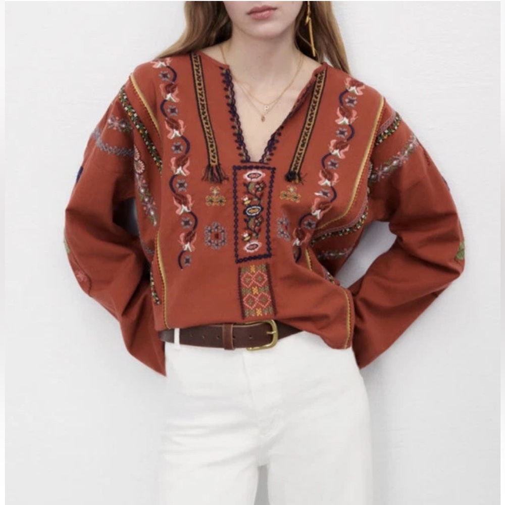 Zara Terracotta Cotton Embroidered Blouse Top